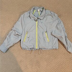 Anthropologie Light Gray Bomber Jacket with Neon Yellow Accents